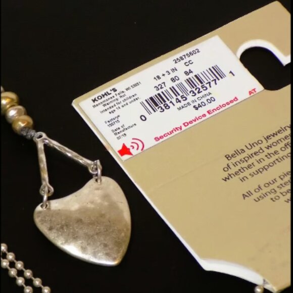 New w/$40 Tag Bella Uno Silver Metal Heart & Beads Pendant Ball Chain Necklace - Picture 2 of 4